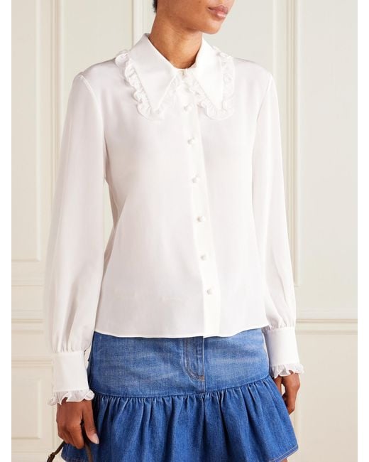 Valentino Garavani White Ruffled Silk-Crepe Shirt