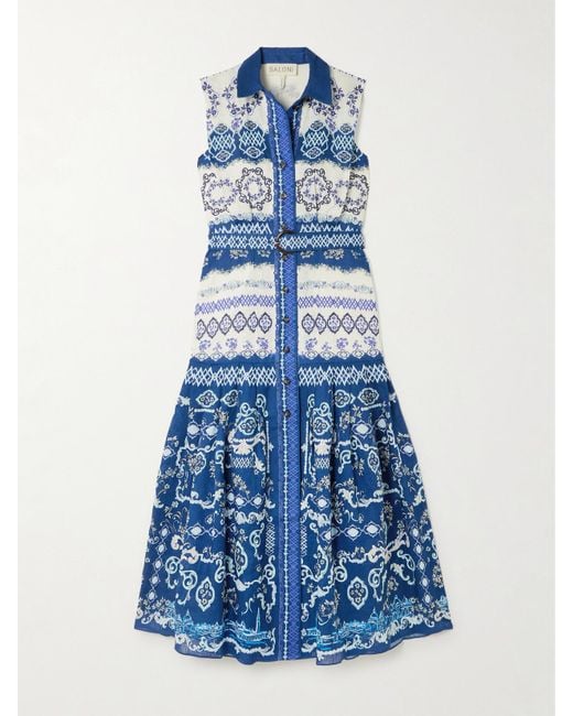 Saloni Blue Nya Belted Floral-Print Linen Midi Shirt Dress