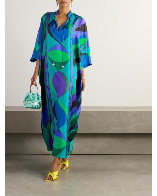 Emilio Pucci Blue Bedruckter Kaftan Aus Seiden-Twill Mit Verzierungen