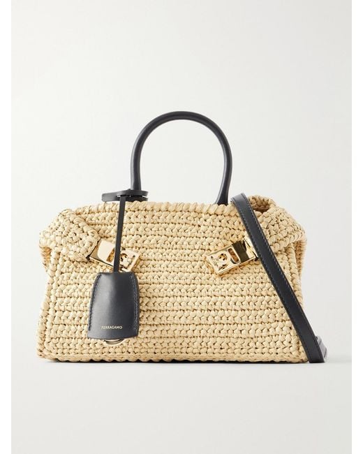 Ferragamo Metallic Hug Leather-Trimmed Raffia Mini Shoulder Bag