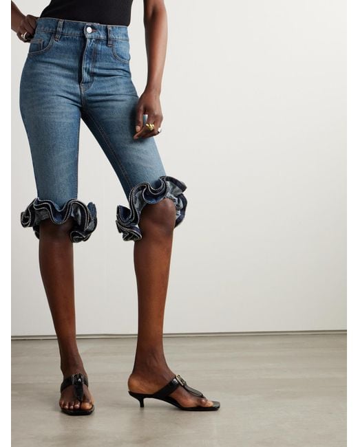 Coperni Blue Verkürzte, Hoch Sitzende Jeans Mit Schmalem Bein, Rüschen Und Reißverschlüssen