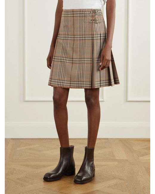 Burberry Natural Pleated Checked Wool Mini Skirt