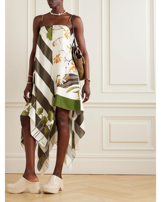 Loewe White Paula's Ibiza Asymmetric Printed Silk-Satin Midi Dress