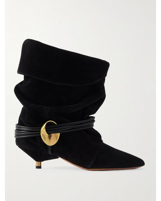 Isabel Marant Black Edrika Slouch Boots Aus Veloursleder Mit Lederbesätzen Und Verzierung