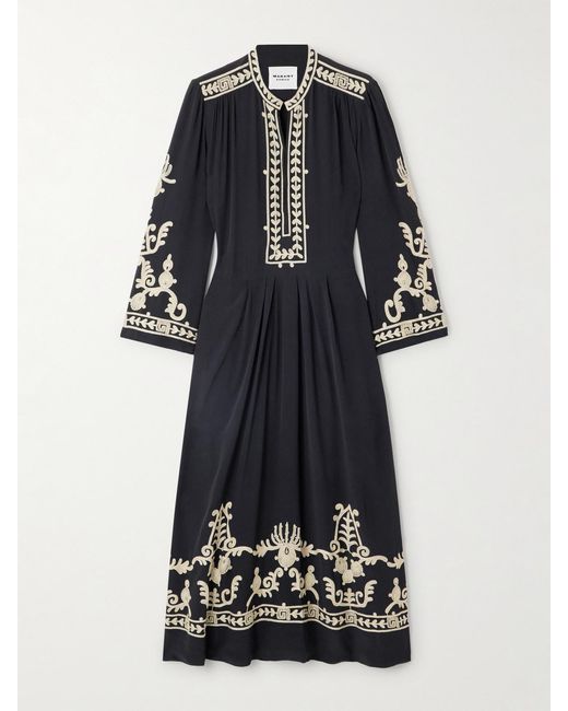 Isabel Marant Black Embroidered Pleated Crepe Midi Dress