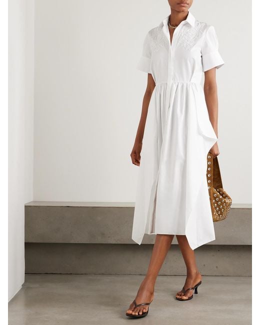 Erdem White Embroidered Gathered Cotton-Poplin Midi Shirt Dress