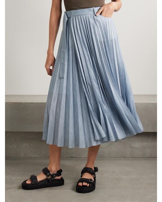 Sacai Blue Wrap-Effect Denim-Paneled Pleated Printed Crepe De Chine Midi Skirt