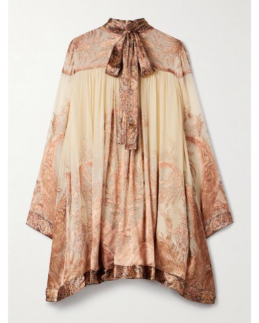 Zimmermann Natural Hypnotic Tie-Neck Paisley-Print Devoré-Velvet Mini Dress