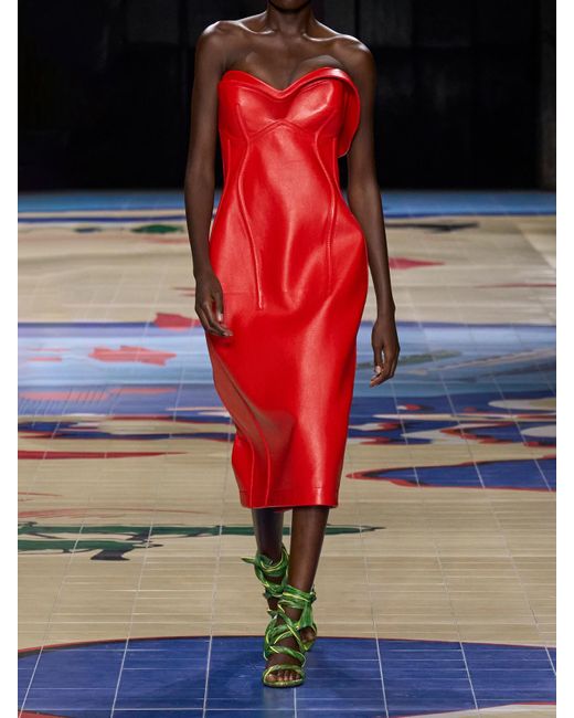Bottega Veneta Strapless Layered Leather Midi Dress