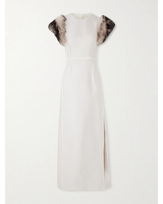 Jil Sander White Paneled Shearling-Trimmed Satin-Twill Maxi Dress