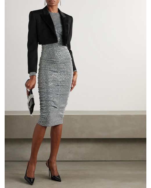 Dolce & Gabbana Gray Ruched Sequined Metallic Stretch-Tulle Midi Dress