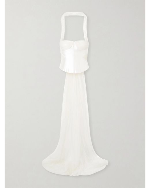 Danielle Frankel White Viola Gathered Draped Tulle-Trimmed Wool And Silk-Blend Twill Top