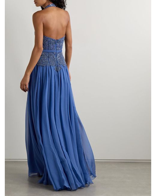 Zuhair Murad Blue Silk Crepe De Chine And Embellished Tulle Halterneck Gown