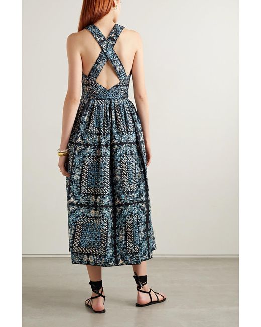 Ulla Johnson Blue Kerani Open-Back Printed Cotton-Poplin Midi Dress
