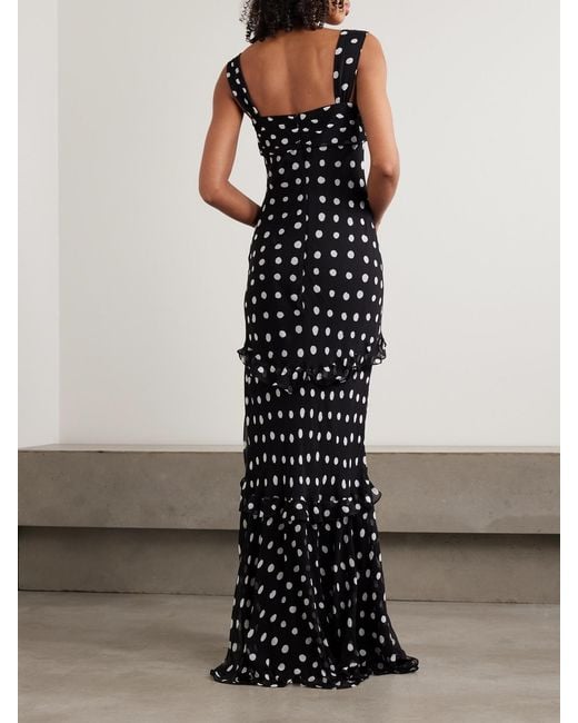 Saloni Black Selma Ruched Ruffled Polka-Dot Crepe De Chine Maxi Dress