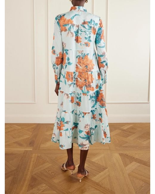 Erdem Blue Tiered Floral-Print Cotton Midi Dress