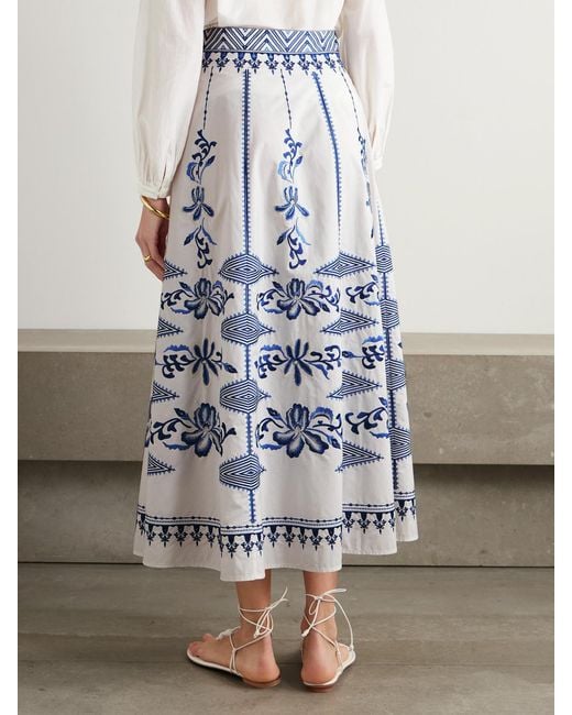 Emporio Sirenuse Blue Camille Embroidered Cotton-Blend Midi Skirt