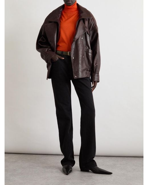 Saint Laurent Black Oversized Double-Breasted Paneled Leather Jacket