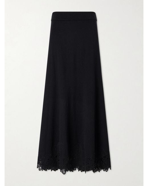 Zimmermann Black Valiant Lace-Trimmed Wool Midi Skirt