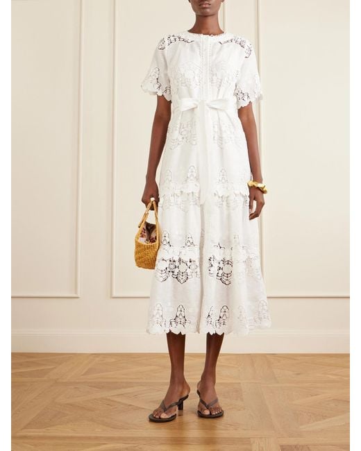 Miguelina White Romilly Belted Embroidered Cotton And Linen-Blend Midi Dress