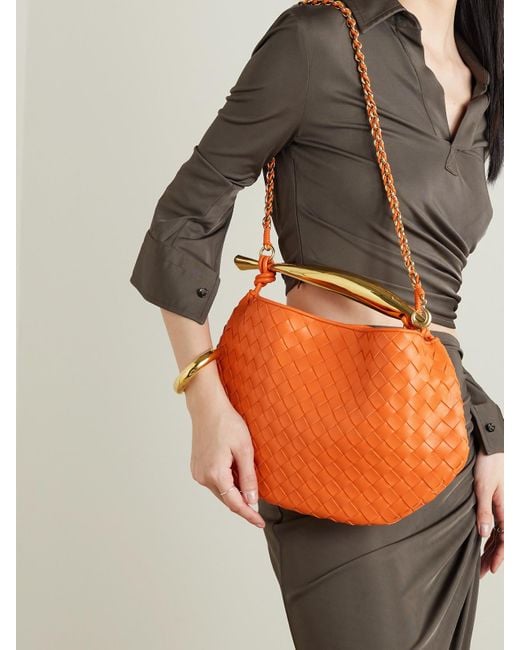 Bottega Veneta Orange Sardine Small Intrecciato Leather Shoulder Bag With Chain