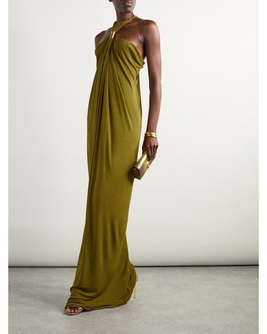 Tom Ford Green Gathered Embellished Jersey Halterneck Gown