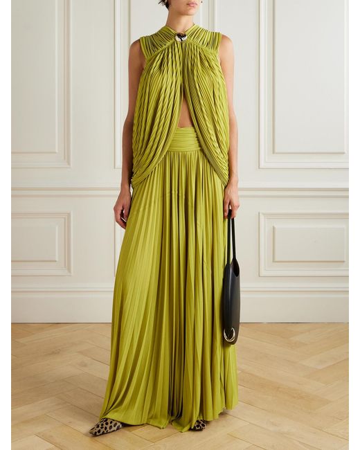 Proenza Schouler Green Bari Embellished Draped Gauze-Jersey Top And Maxi Skirt Set