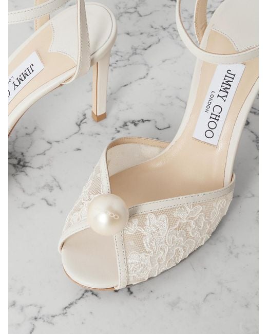 Jimmy Choo White Sacora 85 Embellished Leather-Trimmed Lace Sandals