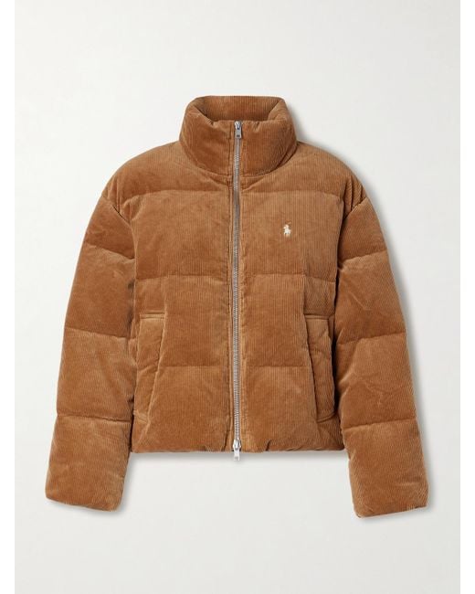 Polo Ralph Lauren Brown Embroidered Quilted Cotton-Blend Corduroy Down Jacket