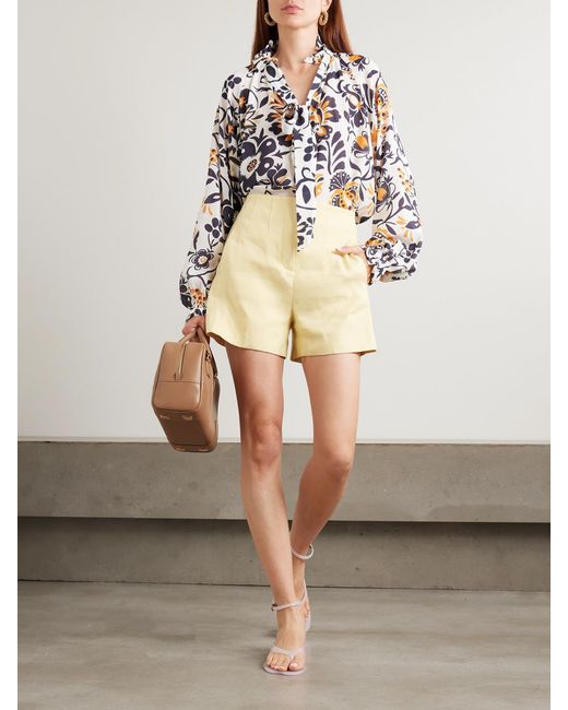 LaDoubleJ White Cerere Ruffled Tie-Detailed Printed Crepe Blouse
