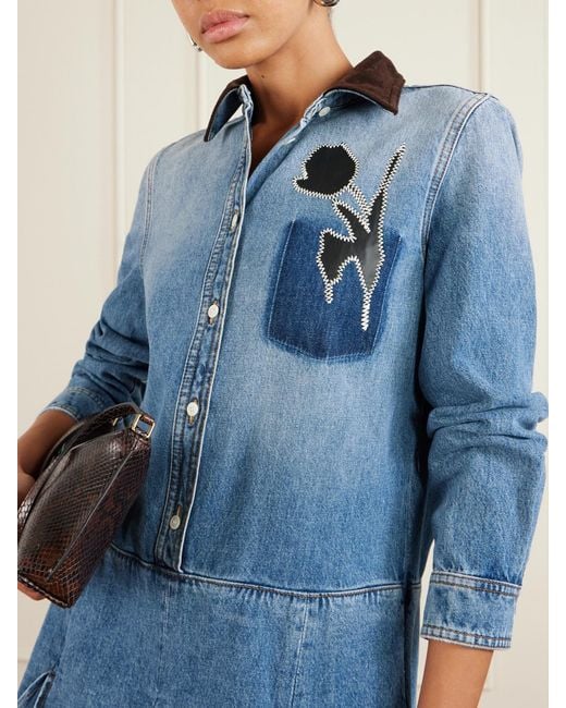 Marni Blue Velvet-Trimmed Appliquéd Pleated Denim Mini Dress