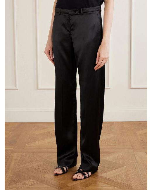 Khaite Black Hunter Pleated Satin Straight-Leg Pants