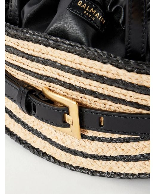 Balmain Metallic Shuffle Mini Buckled Leather-Trimmed Raffia Shoulder Bag