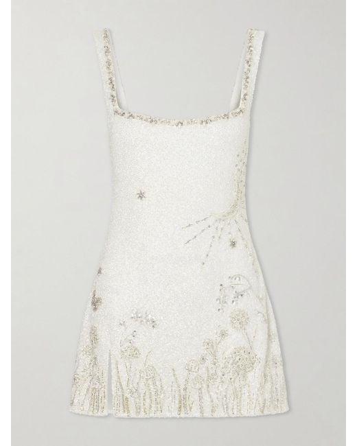 Clio Peppiatt White Wildflower Crystal-Embellished Satin Mini Dress