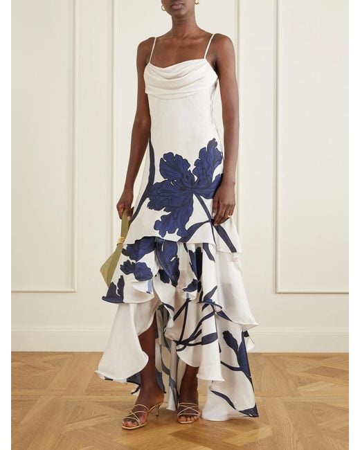 ANDRES OTALORA White Inoportuna Printed Ruched Ruffled Satin Maxi Dress