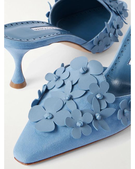Manolo Blahnik Blue Harnes 50 Mules Aus Veloursleder Mit Applikationen