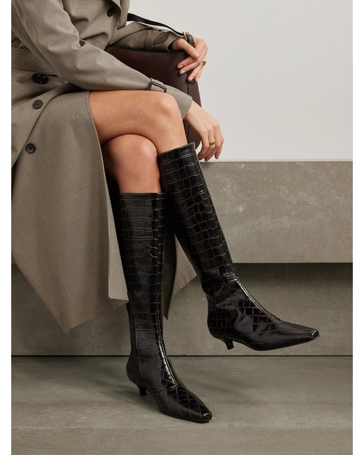 Totême Black Net Sustain The Slim Croc-Effect Leather Knee Boots