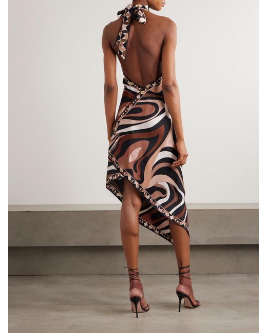 Emilio Pucci White Marmo Asymmetric Printed Silk-Twill Halterneck Dress