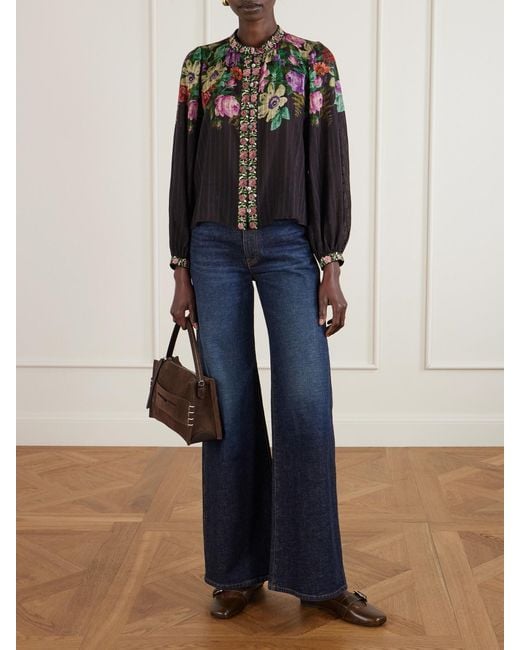Sea Black Viktoria Embroidered Floral-Print Voile Blouse