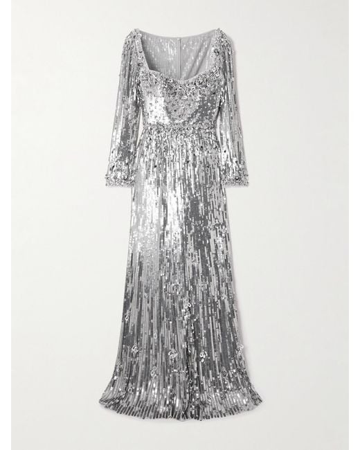 Jenny Packham Gray Kestra Embellished Sequined Tulle Gown
