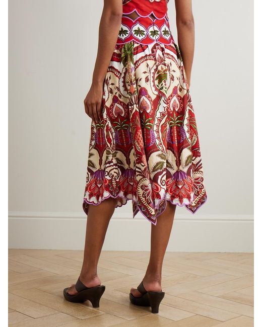 Farm Rio Red Odara Scalloped Printed Linen-Blend Midi Skirt