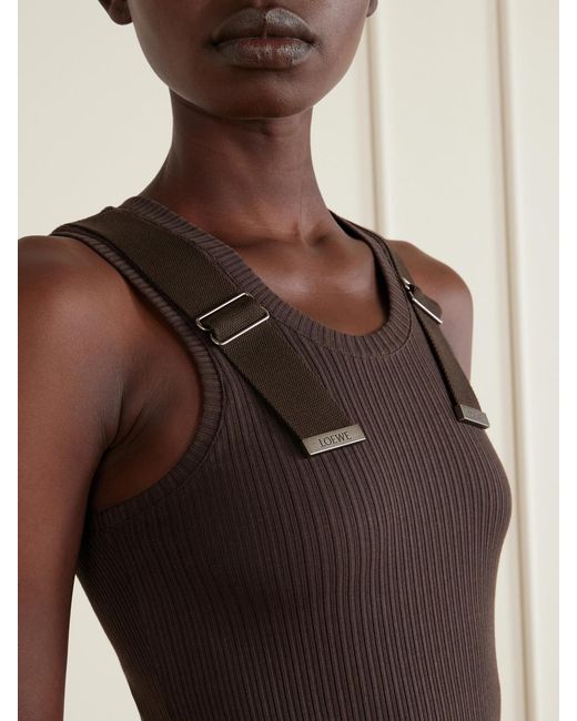 Loewe Brown Embellished Ribbed Stretch-Cotton Midi Dress