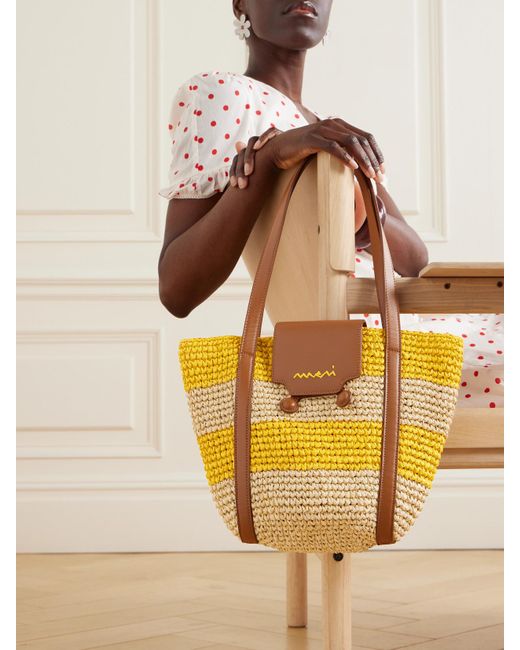 Marni Yellow Trunkaroo Kleine Tote Aus Gestreiftem Raffiabast Mit Stickerei Und Lederbesätzen