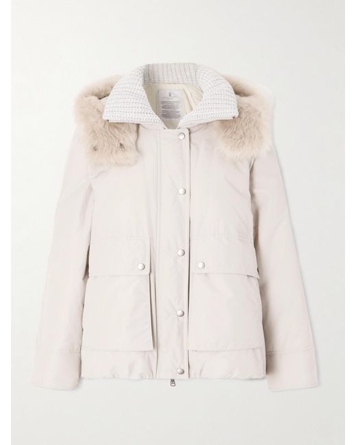 Brunello Cucinelli Natural Hooded Ribbed-Knit And Shearling-Trimmed Bead-Embellished Padded Shell Down Jacket