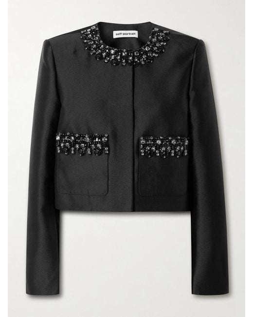 Self-Portrait Black Crystal-Embellished Taffeta Jacket