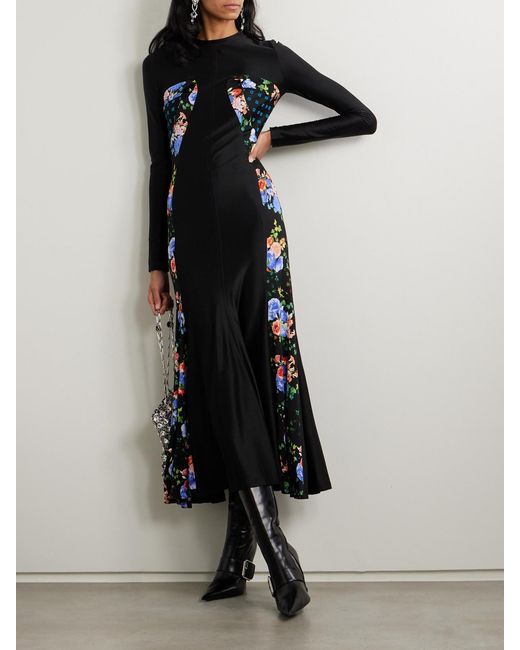Rabanne Black Paneled Printed Satin-Jersey Maxi Dress
