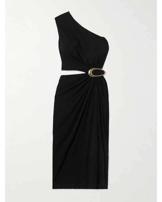 Bottega Veneta Black Asymmetrisches Midikleid Aus Strukturiertem Jersey Mit Cut-Out Und Verzierung
