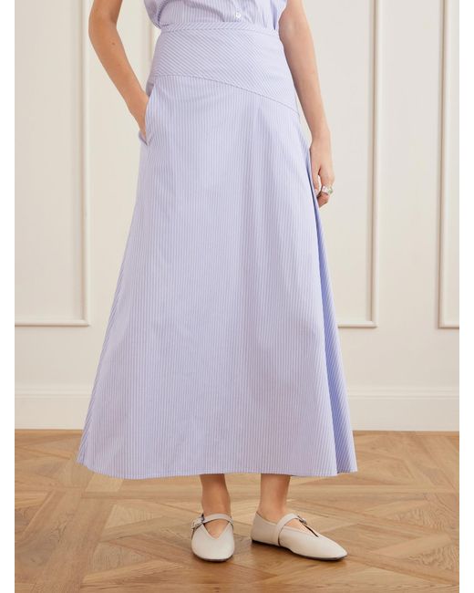 Theory Blue Gathered Striped Cotton-Blend Poplin Midi Skirt
