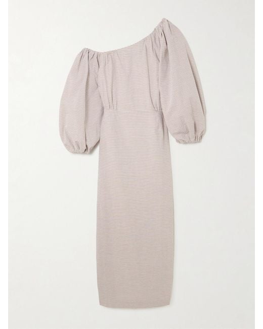 BERNADETTE White Cara Schulterfreies Midikleid Aus Gestreiftem Baumwoll-Seersucker Mit Raffungen