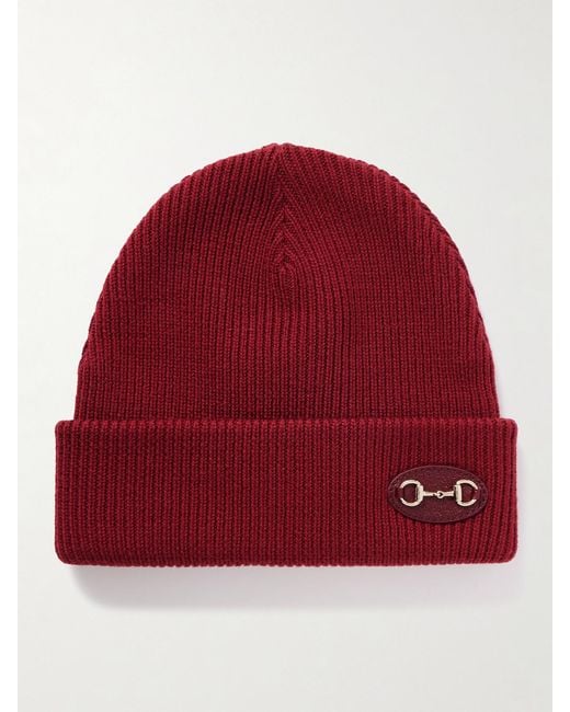 Gucci Red Horsebit-Detailed Appliquéd Ribbed Wool Beanie